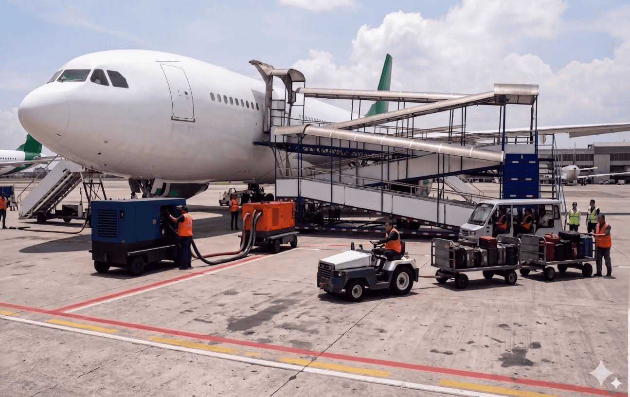 Avión en plataforma aeroportuaria mientras personal de tierra realiza carga de equipaje y labores de servicio.