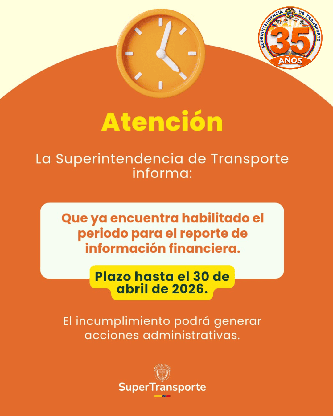 Aviso de la Superintendencia de Transporte: Habilitado el plazo para el reporte de información financiera hasta el 30 de abril de 2026