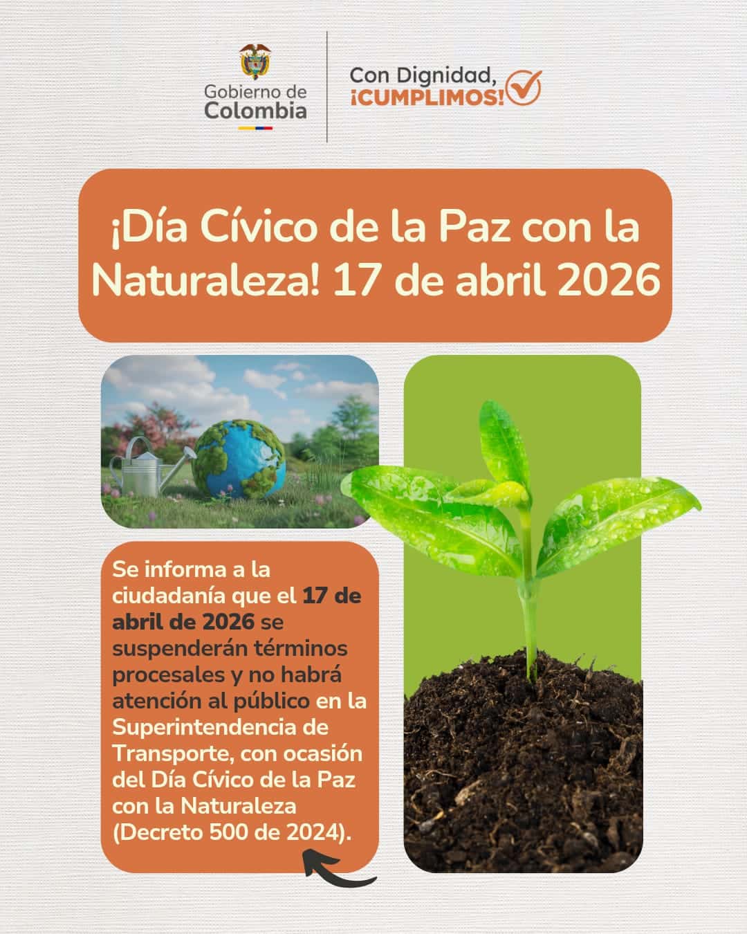Anuncio del Día Cívico de la Paz con la Naturaleza el 17 de abril de 2026 en Colombia.