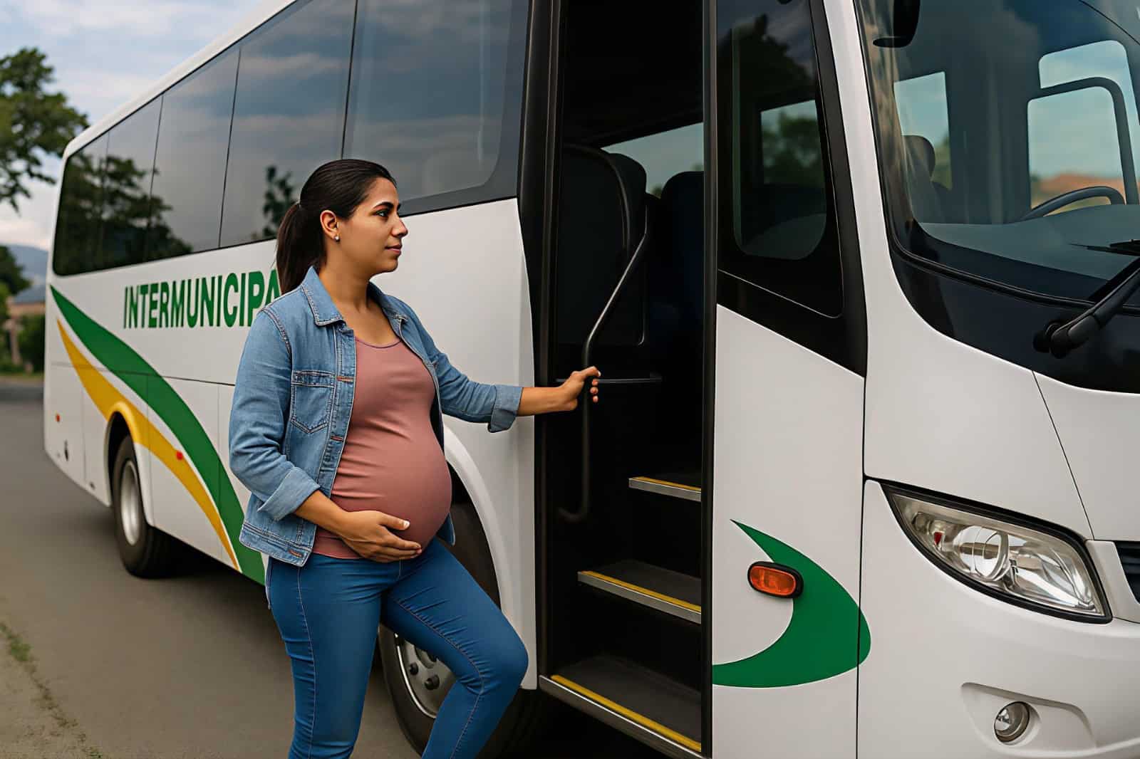 Mujer embarazada abordando un bus intermunicipal por la puerta principal.