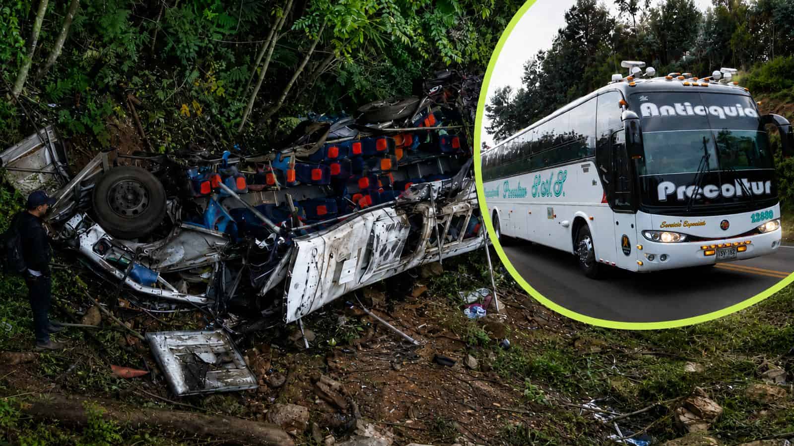 Bus siniestrado tras accidente de tránsito en zona rural, junto a imagen de referencia del vehículo de la empresa.