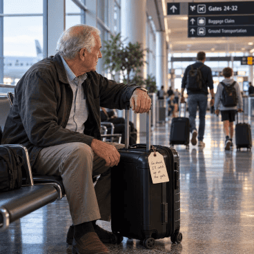 Adulto mayor sentado solo en una sala de espera de aeropuerto, apoyado sobre su maleta con una etiqueta que dice "Go ahead, I'll catch up at the gate", mientras otros viajeros se alejan al fondo.